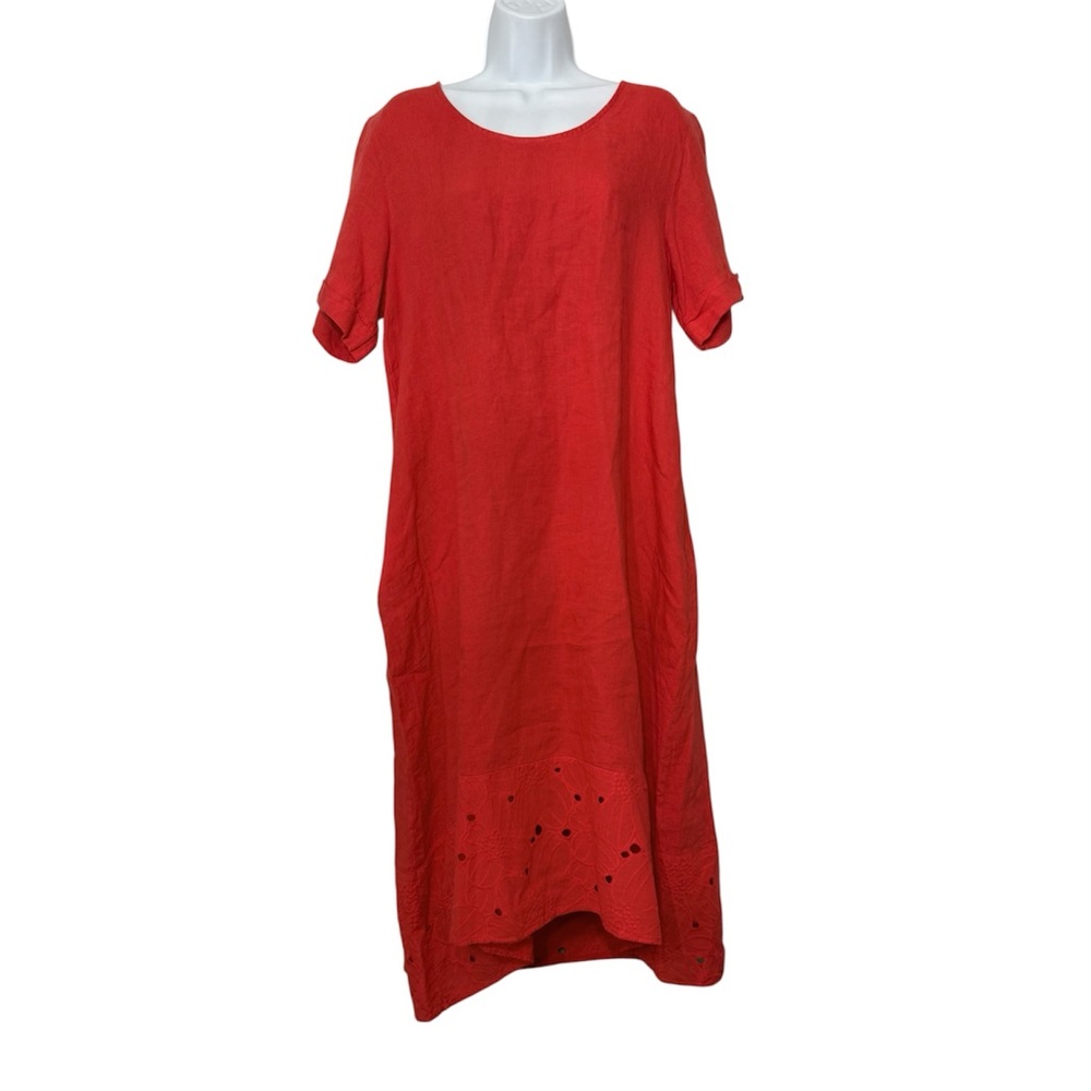 Rosemarine 100% Linen Dress w/ Pockets Floral Cutouts Made Italy Hi-Lo Midi M/L‎